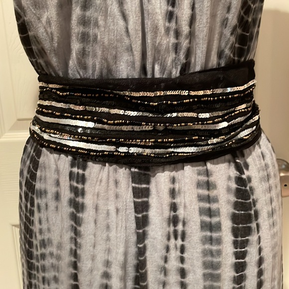 Tie dye Maxi Dress With Belt Flutter Sleeves Black Gray Size M - Picture 6 of 9